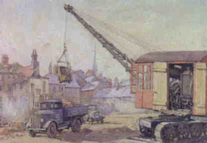Water colour of lorries and a mechanical digger